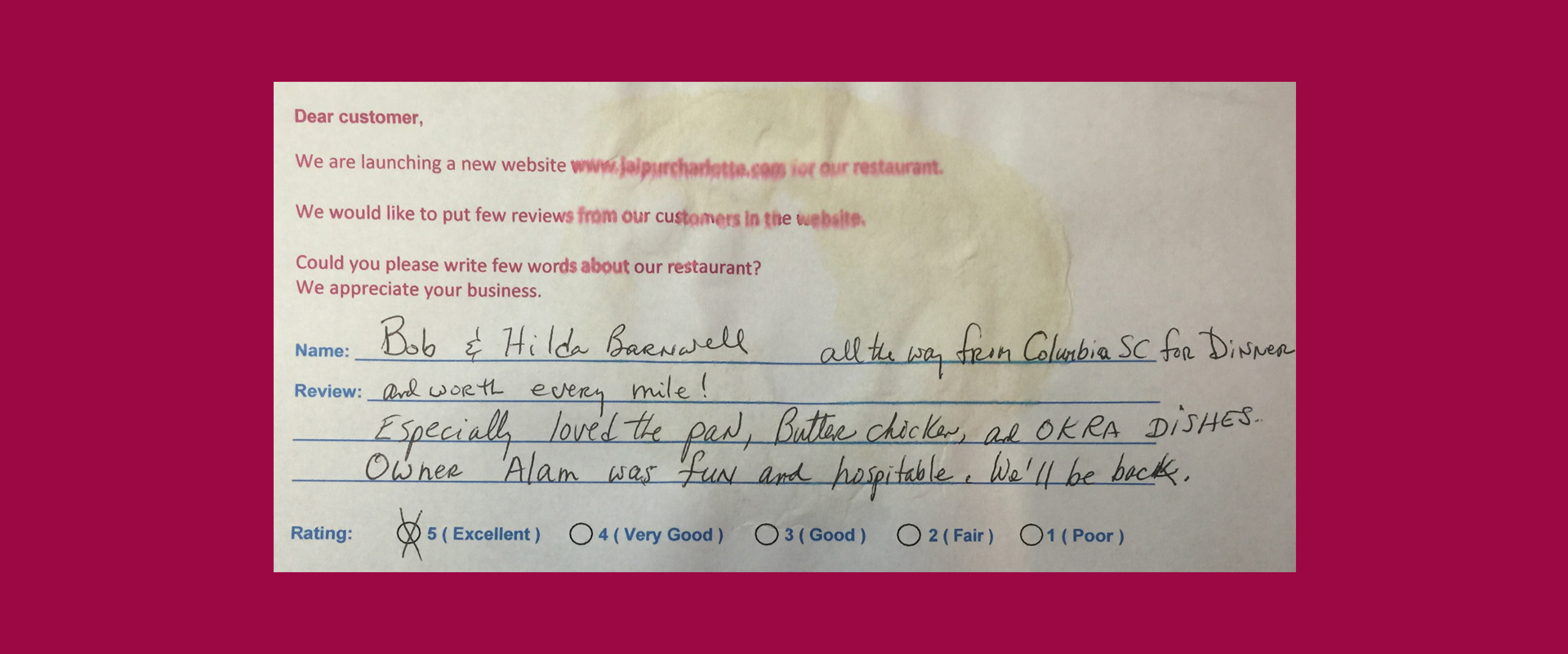 Jaipur Indian Restaurant Customer Review by Bob and Hilda Barnwell - Rating 5 out of 5